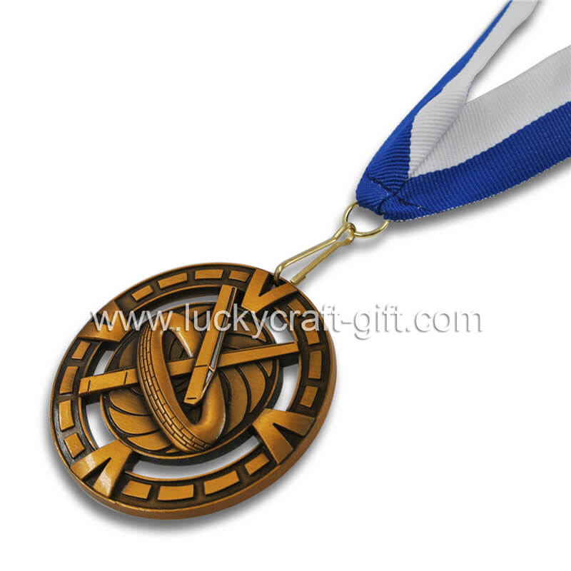 Custom metal antique gold diecast medals with silkscreen lanyard